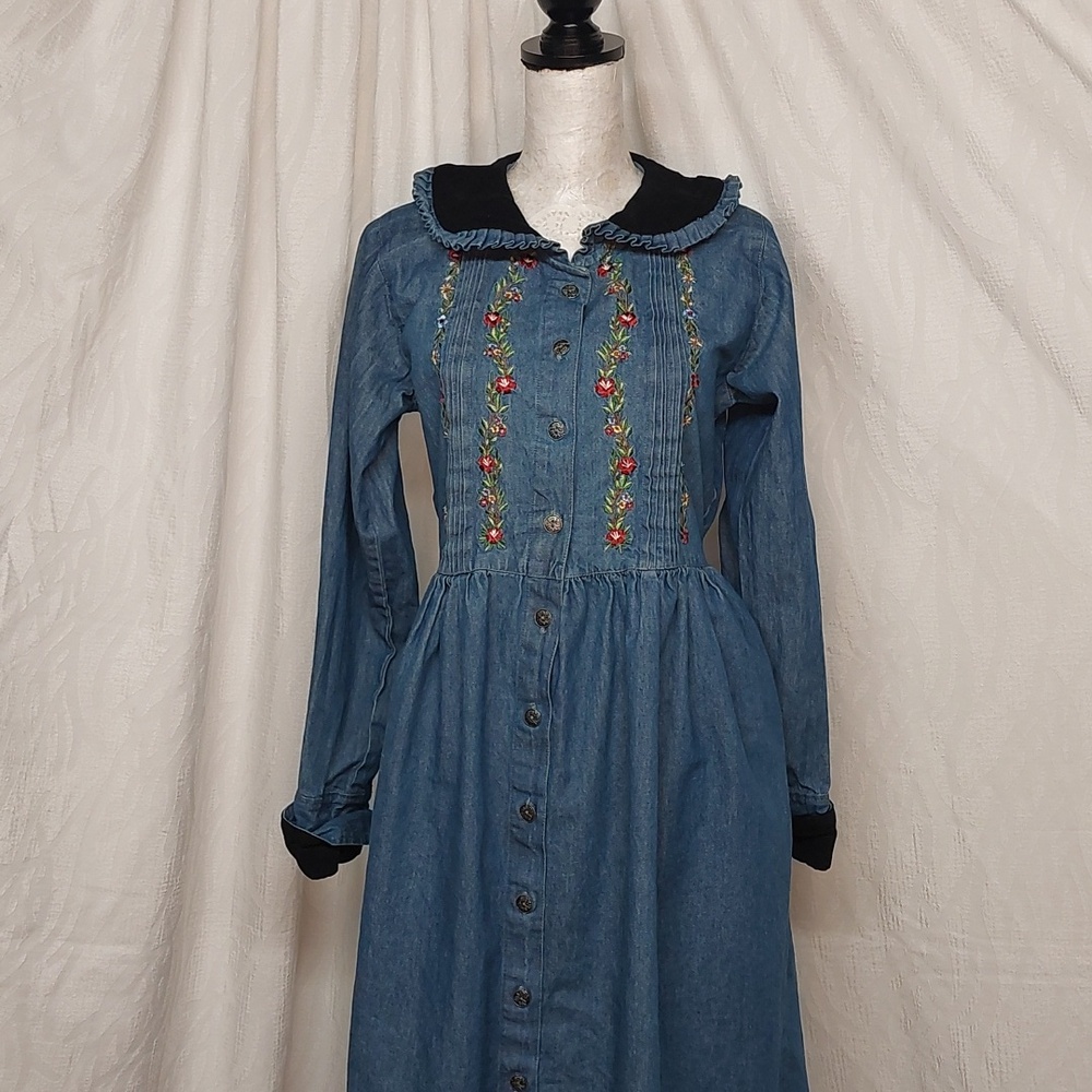 Rare Vintage 90s FADS Prairie Cottagecore Embroidered Denim Prairie Dream Dress - Picture 8 of 14